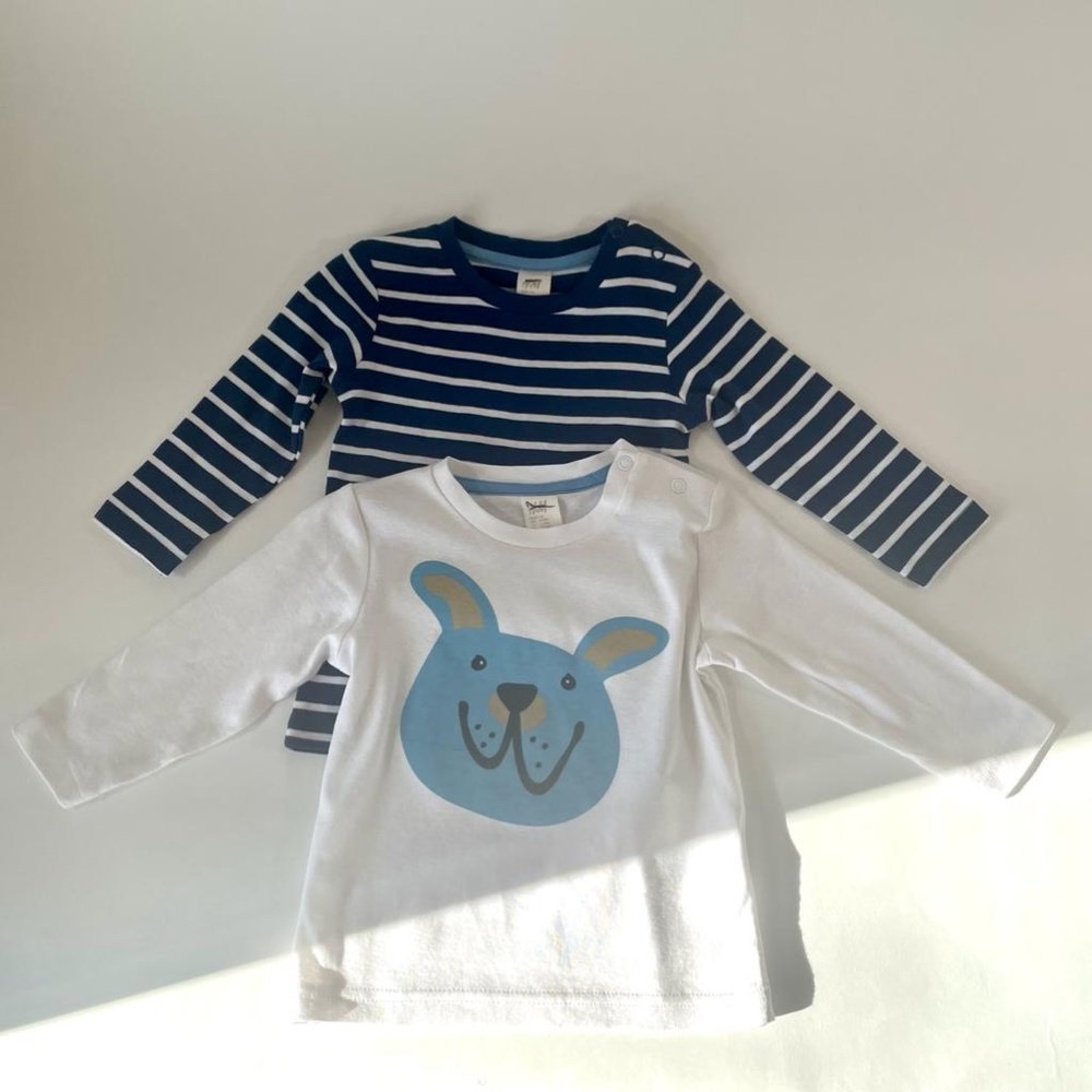 Adorable 2PCS H&M Baby Shirts Bundle – 6-9M, Navy Stripes & White Cartoon Dog